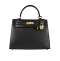 Hermès | Kelly 28 Sellier Handbag In Black Box Calfskin Leather With Gold Hardware.