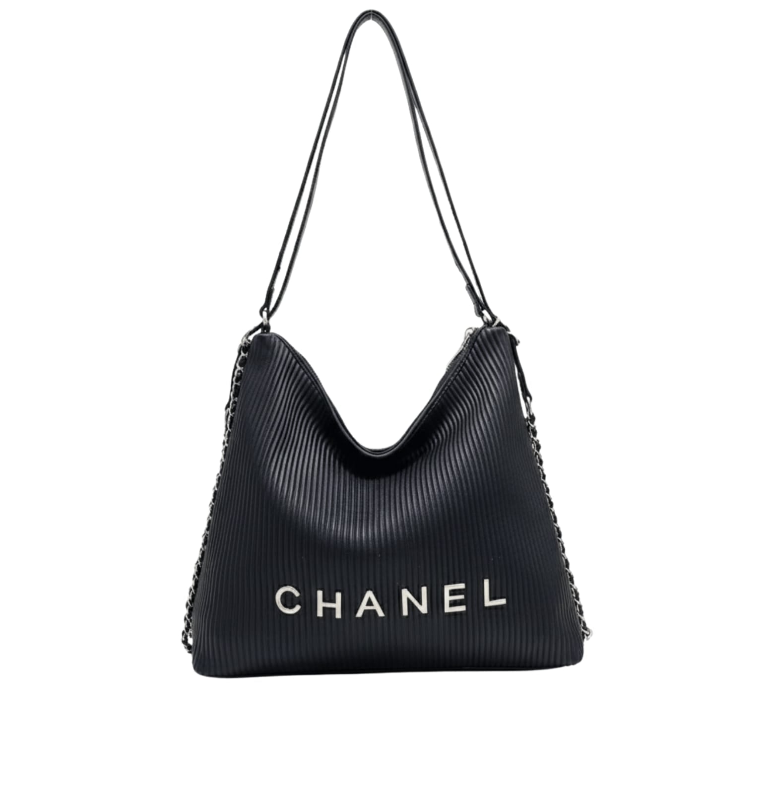 Chanel | Hobo Shoulder Bag With A Ribbed Texture And Silver Chain Straps.