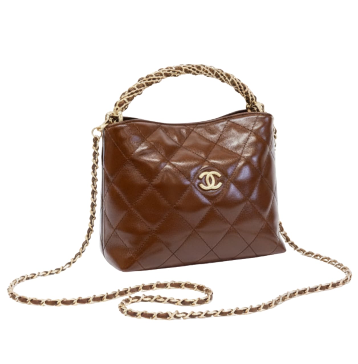 Chanel | Braided Handle Chain Hobo In Brown Leather.