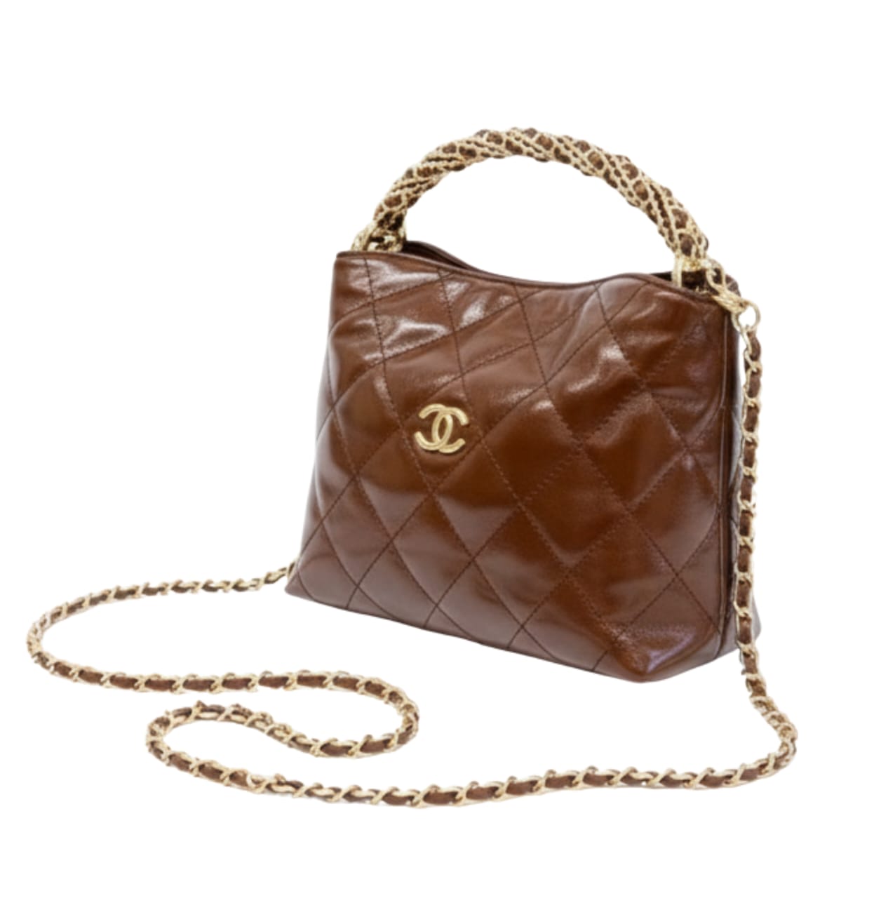Chanel | Braided Handle Chain Hobo In Brown Leather.