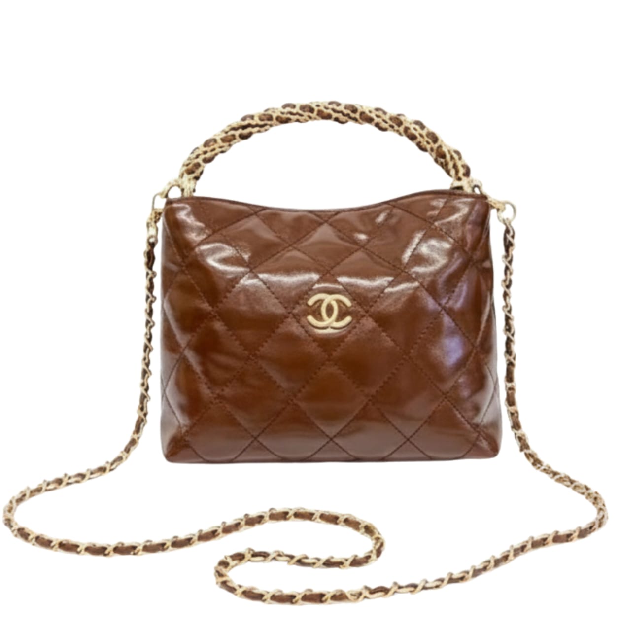 Chanel | Braided Handle Chain Hobo In Brown Leather.
